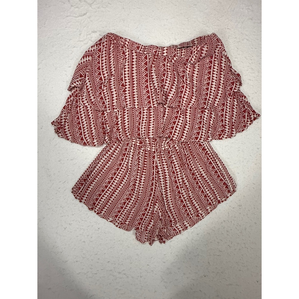 Elan Red White Geometric Tribal Print Strapless Ruffle Romper Womens Medium